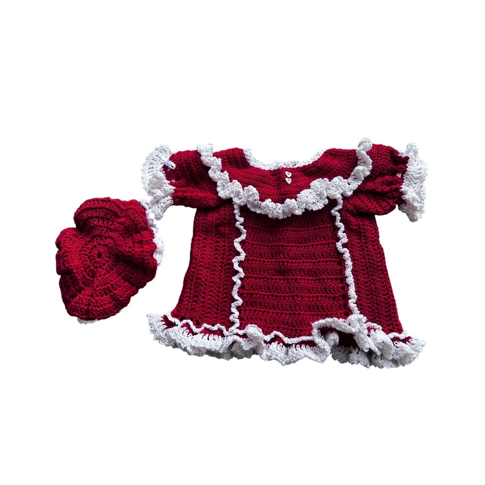 Handmade Crochet Baby Dress and Hat Set Burgundy Red White Ruffle‎ Heart Buttons